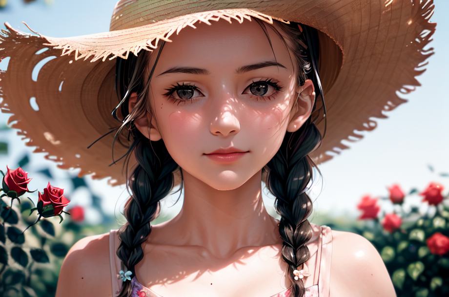 00618-4291133247-_lora_caomao_0.8_1girl, solo, hat, braid, twin braids, flower, blurry background, black hair, straw hat, blurry, collarbone, upp.png